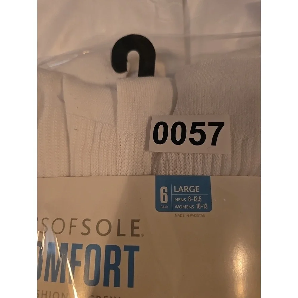 Sof Sole Cushioned Crew Socks Men's 8.5 12.5 Women's 11 13‎ Large White 6 Pair